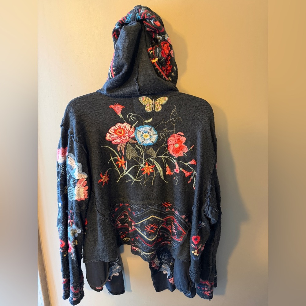 Johnny Was Black Hoodie with Multicolor Floral Embroidery